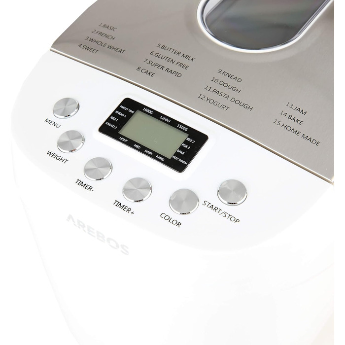 Хлібопечка Arebos 1500г з 15 програмами, таймером та LCD дисплеєм | 850 Вт | Білий