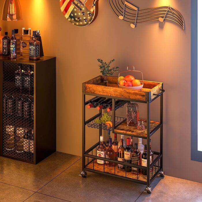 Сервізний візок Huhote з полицею для вина, кухонний візок, барний візок, візок для напоїв, візок на колесах, візок для вина в їдальню, кухню, вітальню, бар, вечірку, коричневий з імітацією дерева, кошик з кованого заліза