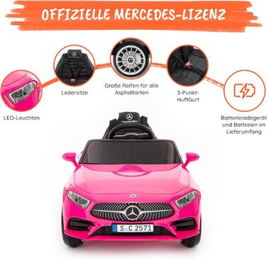Дитячий електромобіль Mercedes CLS 350 AMG рожевий, ліцензія, 12V, шкіряні сидіння, пульт, MP3