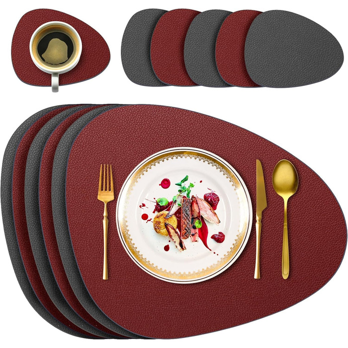 Набір з 6 підставників під тарілки, миючіся з підставками, двосторонні, з імітацією шкіри, водонепроникні, для обіднього столу, кухні, ресторану та дому (червоний)