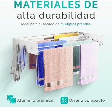 Настінний сушильник для білизни JUPPLIES, висувний, 120 см – розкладний, для дому та вулиці, з алюмінію, 30 кг, білий (з вішалками)