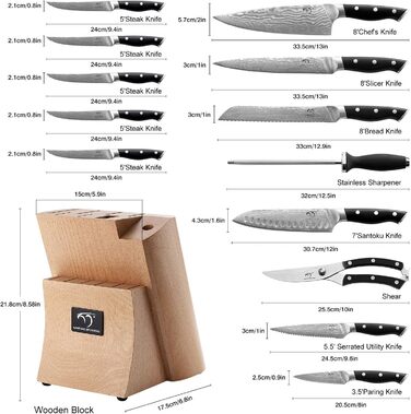 Набір кухонних ножів Дамаск з дерев'яним блоком, професійний набір ножів для кухні, VG10 сталь, 67 шарів, преміум якість