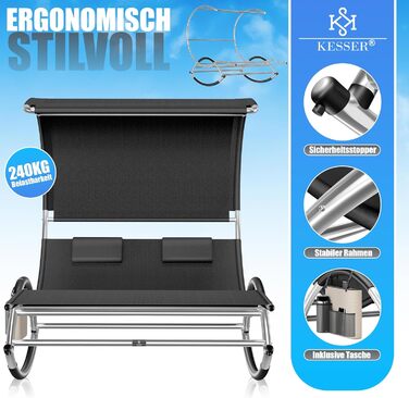 Кесер® Подвійна шезлонг для відпочинку з сонцезахисним дахом, подушкою для голови та кишенею для 2 осіб, чорний
