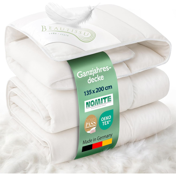Пухова ковдра Beautissu 135x200 см, сезонна, з 100% пуху та пера, Made in Germany, сертифікація Oeko-Tex, Downpass, Nomite, бавовняний чохол, пральна машина, GF 135x200