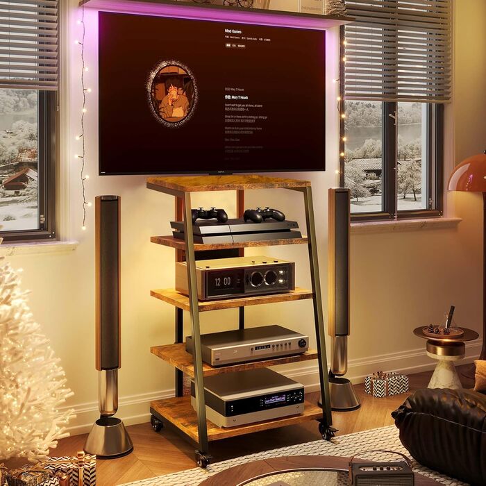 Стеллаж для Hi-Fi апаратури з коліщатками, стіл для програвачів з розетками, LED-підсвічуванням та регульованими полицями. Металевий стійка для аудіо- та стереосистем, 60 x 52 x 110 см