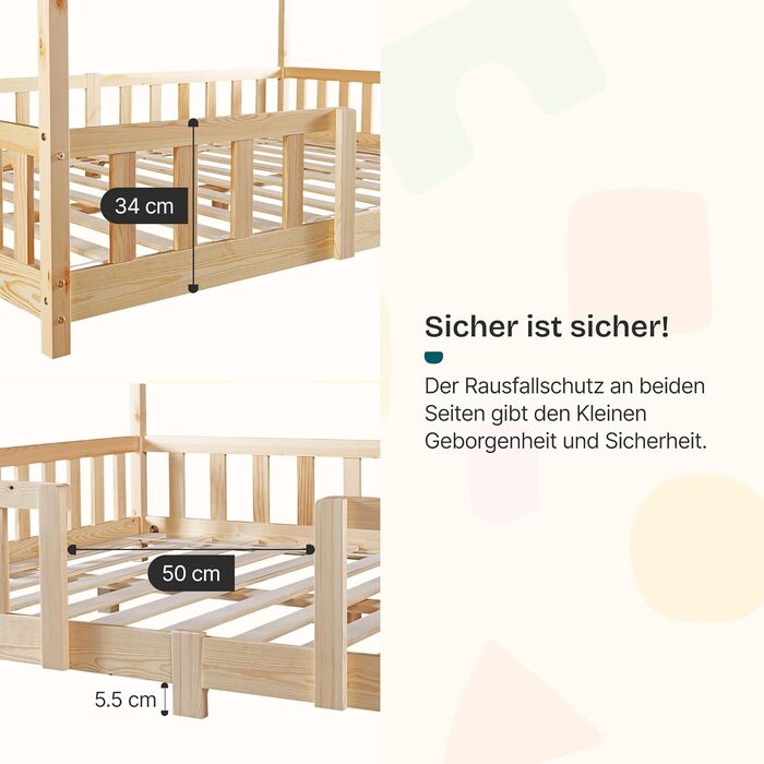 Дитяче ліжко Treviolo з захистом від падіння, 120x200 см, з ламелями, з сосни, колір дерева, Montessori