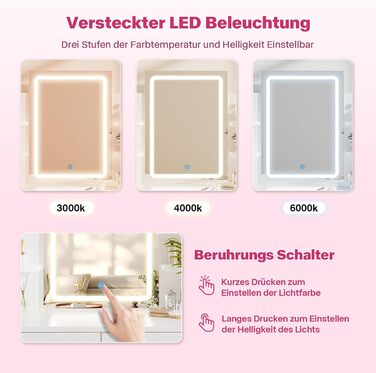 Трюмо Airfish з підсвічуванням 108x40 см: стіл для макіяжу з дзеркалом, 2 шухляди, 3 кольори, регулювання яскравості, для спальні/вітальні (білий)