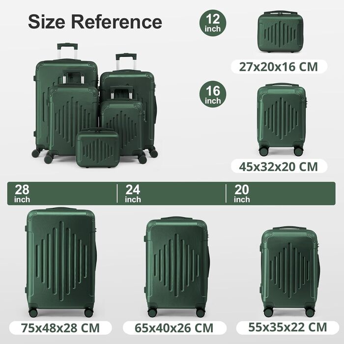 Набір валіз LALAHO 2 шт. з косметичкою, ABS, телескопічний ручка, захист кутів, сірий (Dunkelgrün-1, M (55CM))