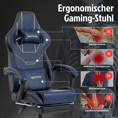 Ігровий крісло WOTSTA Ergonomiczne з підніжкою: регульоване, з підтримкою попереку (синій)