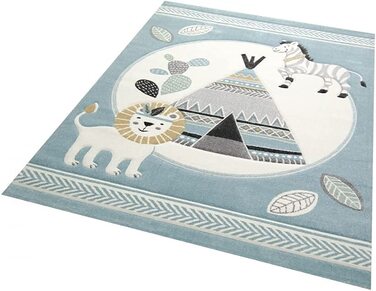 Килим-мрія, килим для дитячої кімнати, килимок для ігор, намет для індіанців, лев, зебра, кактус, розмір (120 см круглий, синьо-кремово-сірий)