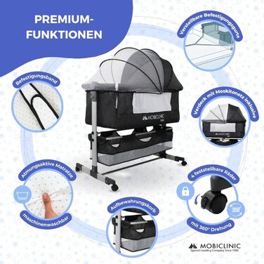 Дитяче ліжко Mobiclinic® 3-в-1: ліжко-гойдалка, ліжко-манежа, ліжко-бічне, чорне, до 20 кг