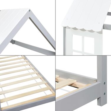 Дитяче ліжко Tostedt en.casa: ліжко-будиночок, ліжко для підлітків, ліжко-ігровий будиночок, напіввідкритий дизайн, ліжко Монтессорі з масиву сосни, 120x200 см, рожево-біле