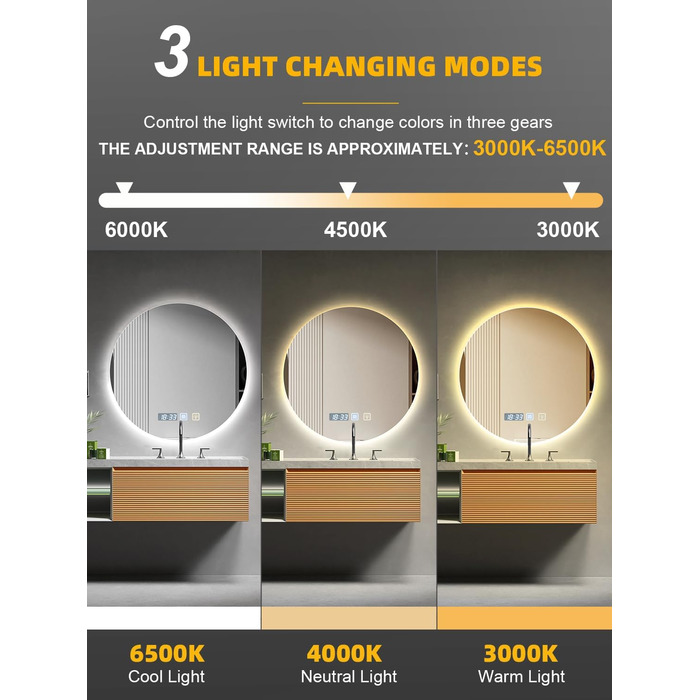 Дзеркало для ванної кімнати 600мм з підсвічуванням, регульоване, з антизапарюванням, таймером, IP44, кругле