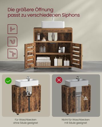 Підставка під раковину VASAGLE, шафка для ванної кімнати, 60 x 30 x 63 см, шафка для ванної, комод для зберігання з 2 дверцятами-решітками, з регульованою полицею, вінтажний коричневий BBK04BX