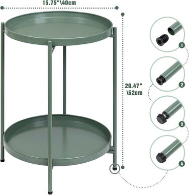 Круглий журнальний столик HollyHOME, 2-рівневий металевий піднос, столик для закусок, журнальний столик, тумбочка, зелений