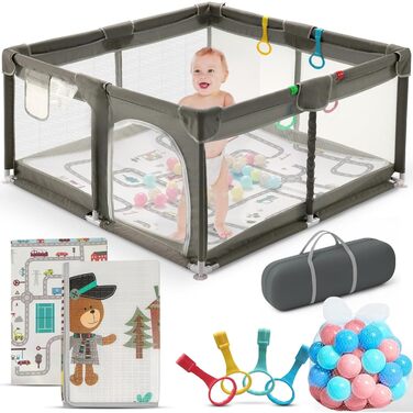 Дитячий манеж-ігровий центр з матрацом, басейн з кульками (50 кульок у комплекті) та 4 ручками для тримання. Розмір 124x124 см, дихаюча сітка, матеріал 210D Oxford, колір темно-сірий.