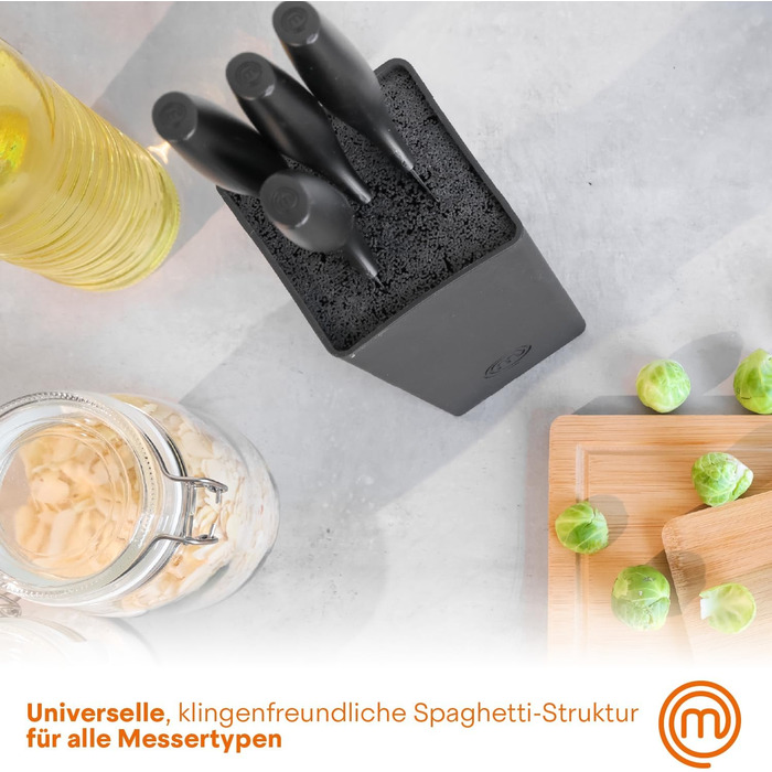 Набір ножів MasterChef 5-ти частинний: поварський, хлібний, для овочів, сантоку та універсальний, з нержавіючої сталі, чорний, з м'якими ручками