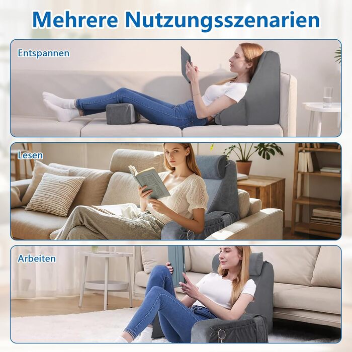 Підголовник для читання в ліжко/диван з підлокітниками та подушкою для голови, спинка для дорослих, V-подібний килимок знімним чохлом, килимок для читання/ігор/перегляду телевізора