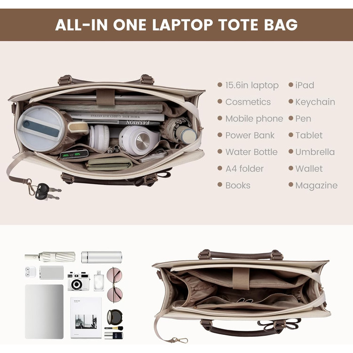 Сумка LOVEVOOK для жінок, 15.6 дюймів, лаптоп-сумка, робоча сумка, елегантна, універсальна, шкіряна, для школи, офісу, ділових поїздок (15.6 дюймів, хакі-беж)