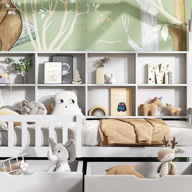 Ліжко дитяче 80x160 см з ящиками та віконцем, масивне дерево, захист від падіння, ламелі, для хлопчиків та дівчаток, ліжко-будиночок, без матраца, білий колір