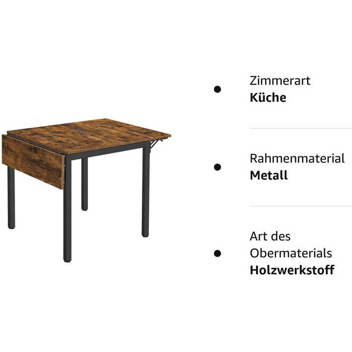 Обідній стіл VASAGLE, розкладний кухонний стіл на 2-4 персони, для невеликих приміщень, вінтажний коричнево-чорний KDT077B01