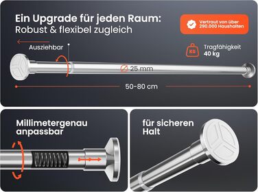 Штанга для душу без свердління 160-210 см, срібна, Ø 25 мм, телескопічна, з кріпленнями - для вікна, душу та перегородки