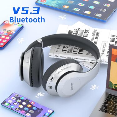 Накладні навушники Ulipz Bluetooth, 65 год, 6 режимів еквалайзера, HiFi, складні, BT 5.3, для подорожей/офісу/ПК (сріблястий)