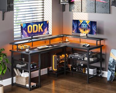 Ігровий стіл ODK з LED-підсвічуванням, 150x102 см, з 2 розетками та 2 USB-портами, кутовий, з підставкою для роутера, карбон, чорний