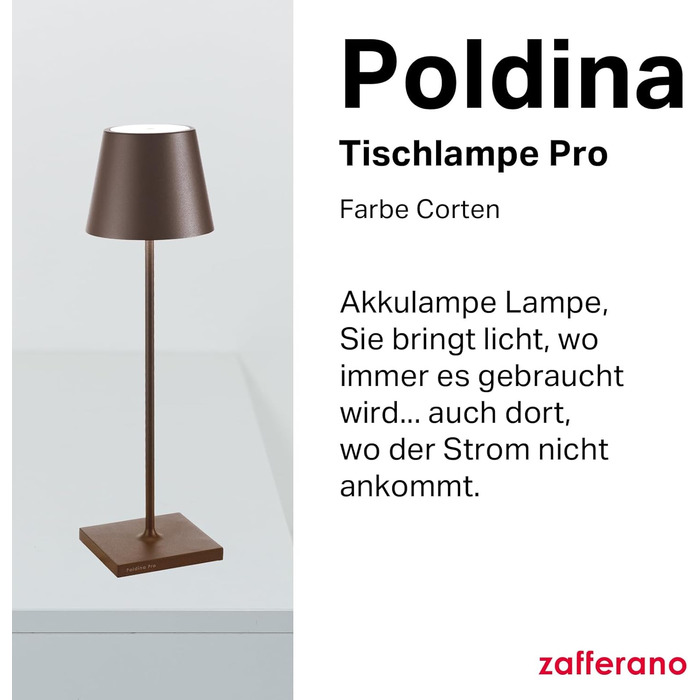 Zafferano Poldina Pro: Бездротова настільна лампа з торшетом Corten, сенсорне керування, для дому та саду, регулювання яскравості, 2200-3000K, 38 см