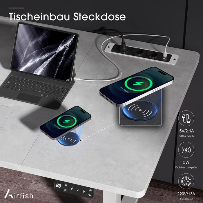 Електричний стіл Airfish з регулюванням висоти, бездроговою зарядкою та USB-роз'ємом, 160 x 80 см. Пам'ять 3-функцій, нагадування про відпочинок. Білий (180 x 80 см, Сірий)