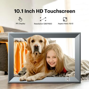Цифровий фоторамка Kodak 10 дюймів з Wi-Fi, акумулятором 4000mAh та 32GB пам'яті, IPS HD сенсорний екран, авто-поворот, для перегляду фото та відео (10 дюймів, сірий)