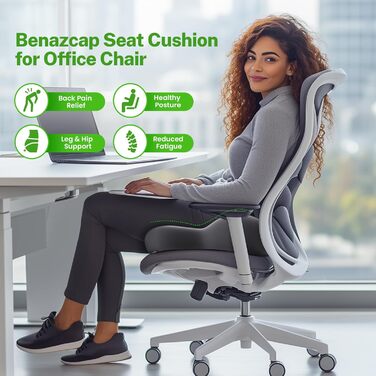 Ортопедична подушка для сидіння Benazcap з Memory Foam для офісного крісла, автомобіля, інвалідного візка. Зменшує біль у куприку. Чорний/Сірий колір