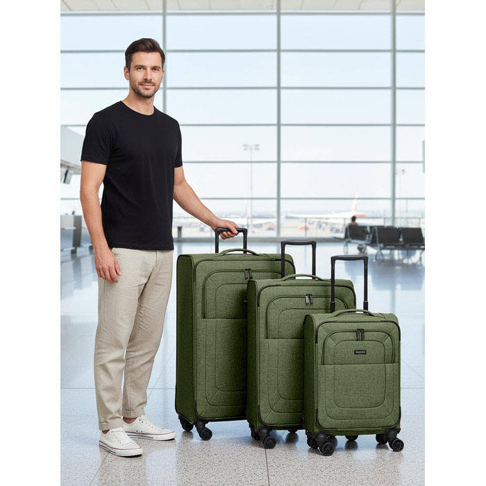 Набір валіз REDOLZ 3 шт. для жінок та чоловіків | Легкі та стійкі дорожні валізи з високоякісним softcase, 4 подвійні колеса, TSA-замок, розширювані (Essentials 12) Оливковий колір