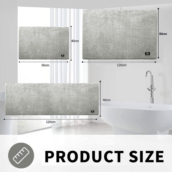 Килимок для ванної кімнати з антиковзким покриттям 120x80 см, мікрофібра, сірий