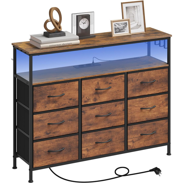 Комод WOLTU з 9 тканинними висувними ящиками, LED-підсвіткою та розетками, металевим каркасом, для вітальні, спальні, передпокою, рустикальний коричнево-чорний колір