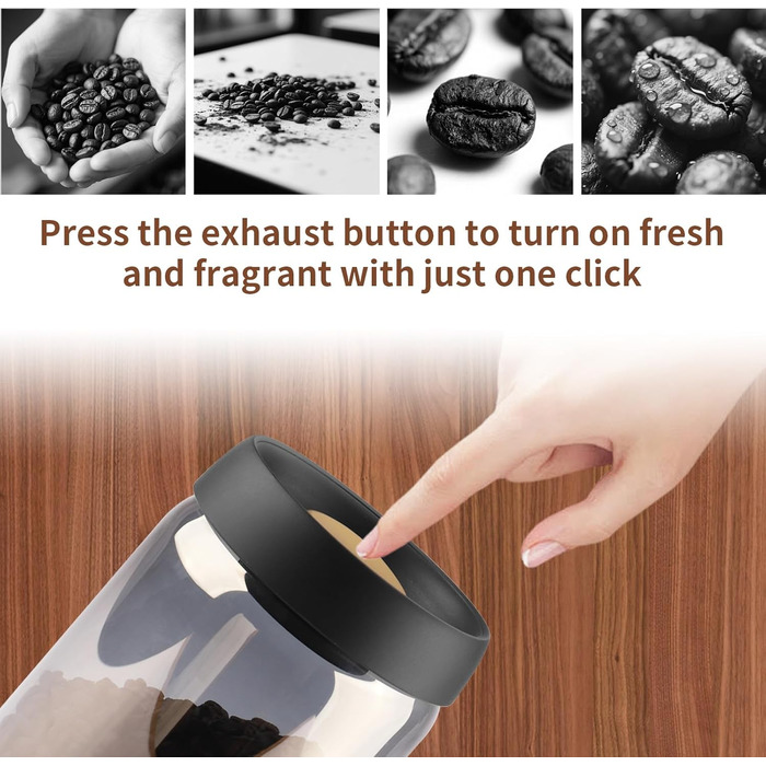 Герметичний контейнер для кави на 1,2 л зі скла, вакуумний, з чорною кришкою та золотою кнопкою. Підходить для кави, чаю, горіхів.