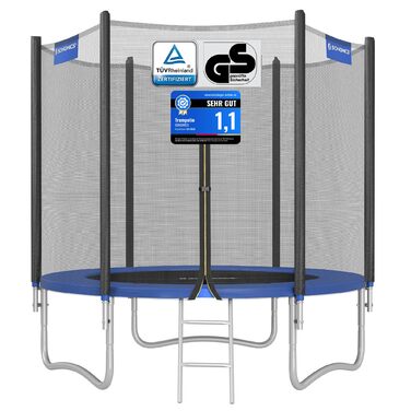 Батут SONGMICS для саду Ø244 см з захисною сіткою, драбиною та м'якими стійками, блакитний