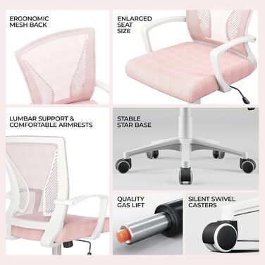 Офісний стілець Yaheetech ергономічний з сітчастою спинкою, регульований, з підлокітниками, до 136 кг (Рожевий)