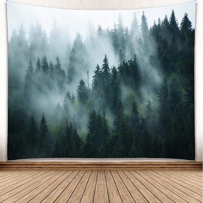 Гобелен ліс зелений, Туманний настінний килим ліс для спальні, настінні рушники пейзаж, настінний гобелен ліс, тканина для ванної кімнати