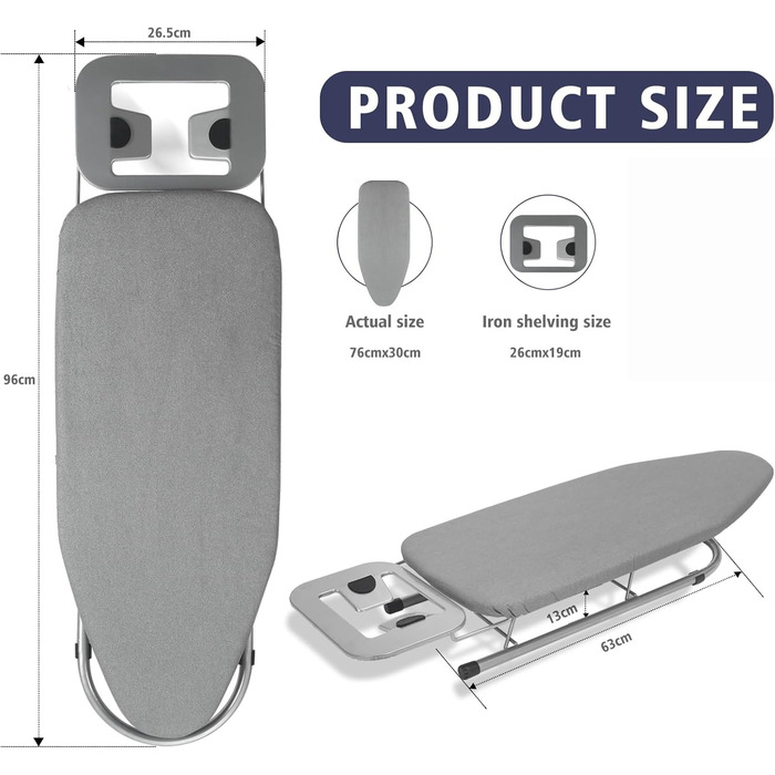 Прасувальна дошка Rainberg Tisch-Bügelbrett: компактна, сіра, 76 x 30 см, з бавовняним покриттям та підставкою для праски