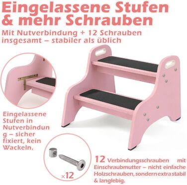 Дерев'яний дитячий стільчик Tritthocker з 2 сходинками, неслизький, для ванної та кухні, скандинавський дизайн, колір: натуральний (рожевий)