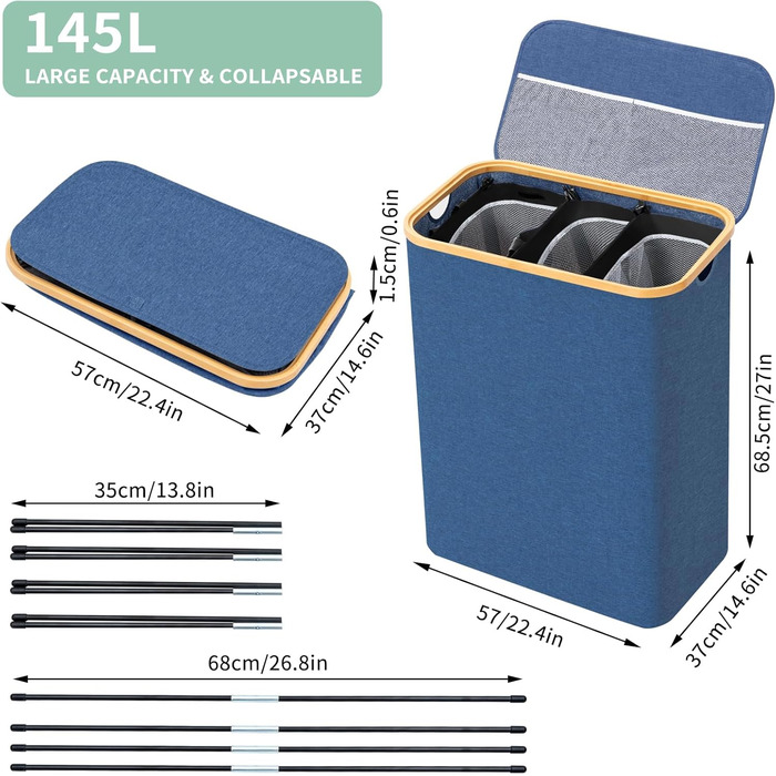 Кошик для білизни BRIAN & DANY з 3 відділеннями та кришкою, 145л, чорний/синій