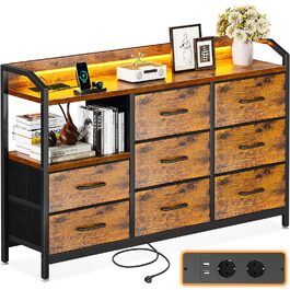 Комод ODK з висувними ящиками та LED-підсвіткою, 10 кольорів, 2 USB та 2 розетки, 8 тканинних ящиків, для вітальні/спальні, 110x30x88 см, вінтажний стиль