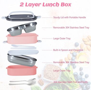 Ланчбокс дорослий та дитячий з сумкою, 3 відділи, витоки неможливі, для мікрохвильовки, бенто-бокс для роботи, школи, пікніка, подорожей (рожевий)