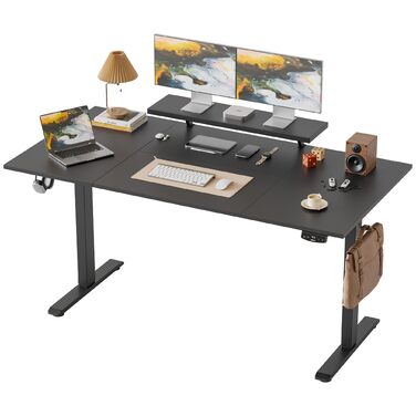 Регульований по висоті письмовий стіл Klicelor з LED-підсвіткою та розетками, 160x80 см, ігровий стіл для офісу з моніторною підставкою, чорний