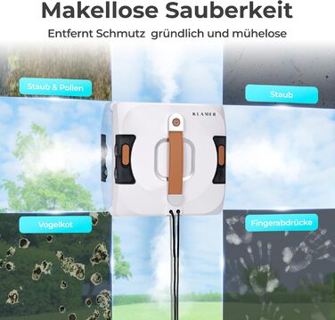 Робот-прибиральник вікон KLAMER 3500 Pa – автоматичний мийник вікон з резервуаром 100 мл, функцією вологого прибирання, розпізнаванням країв, тихий (60 дБ), захист від падіння та смарт-планування. Білий