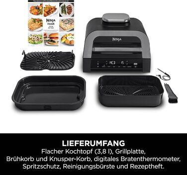 Ninja MAX 6-в-1 гриль та фритюрниця з гарячим повітрям для дому, 6 функцій приготування, об'єм 3.8 л, цифровий термометр, сірий/срібний, DG551EU
