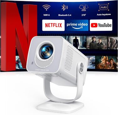 Портативний проєктор Mini Beamer 4K з підтримкою Android 13, WiFi 6, Bluetooth 5.4 та обертанням 270°. Підходить для домашнього кінотеатру, використання на вулиці та підключення до HDMI, Android, iOS, PC, USB. Автоматична корекція трапеції. Білий колір.