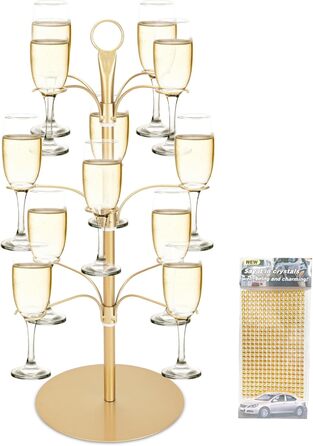 Стійка для коктейлів та келихів YCWF, 3 яруси, 12 келихів, золота. Ідеально для вечірок та святкування. Підходить для шампанського, коктейлів, маргарити та мартини.