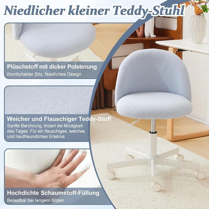 Офісне крісло Bonnlo з роликами, крісло для туалетного столика, регульоване по висоті, для робочого кабінету, спальні, home office, з м'якої тканини Teddy, біле (світло-блакитне)